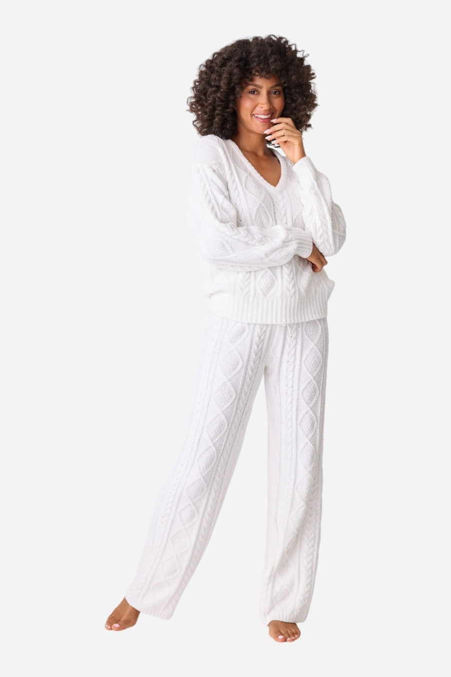PJ Salvage Long Sleeve Cable Crew Top Ivory – side view