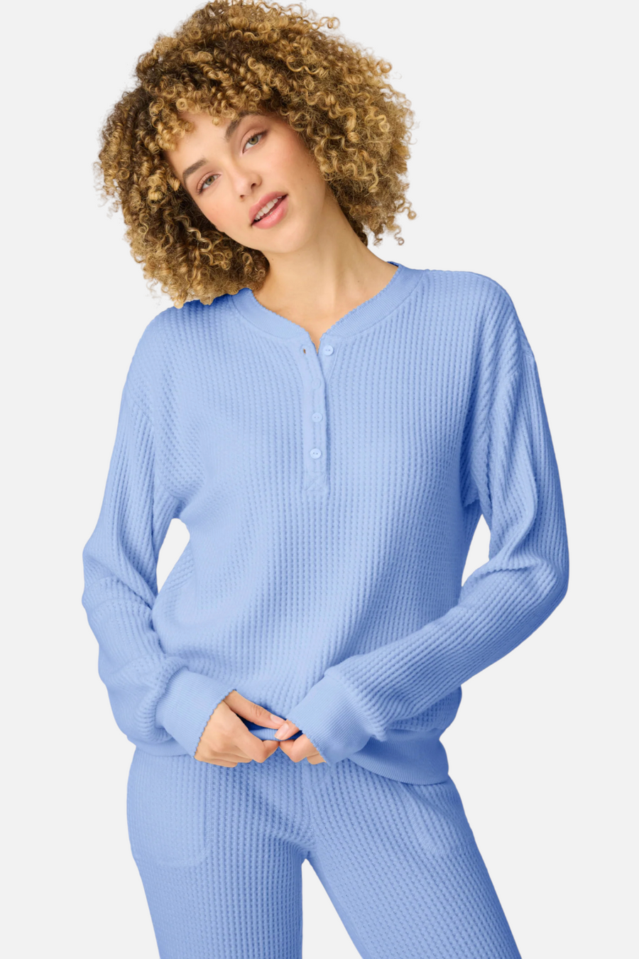 PJ Salvage Morning Waffles Long Sleeve Top in Periwinkle – front view
