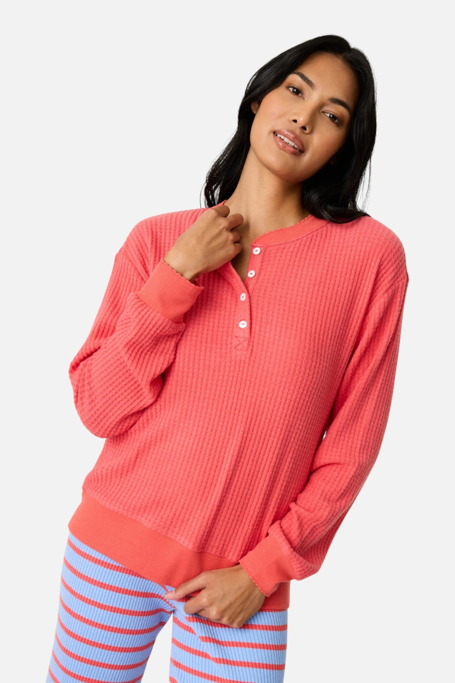PJ Salvage Morning Waffles Long Sleeve Top in Scarlett Red – side view