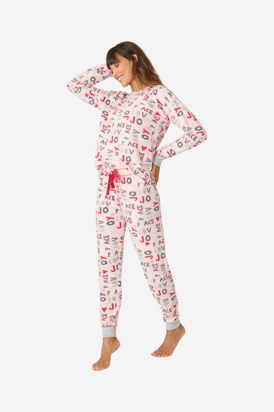 PJ Salvage Peace & Joy Waffle Thermal Ski Jammie Set – flat lay