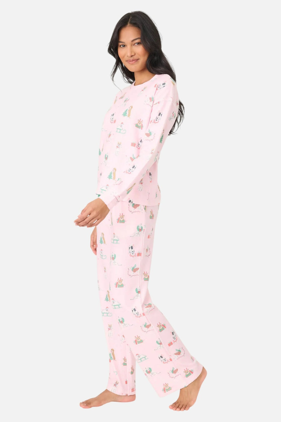 PJ Salvage Peace & Pawlidays Dog Print Pant in Pink – on model