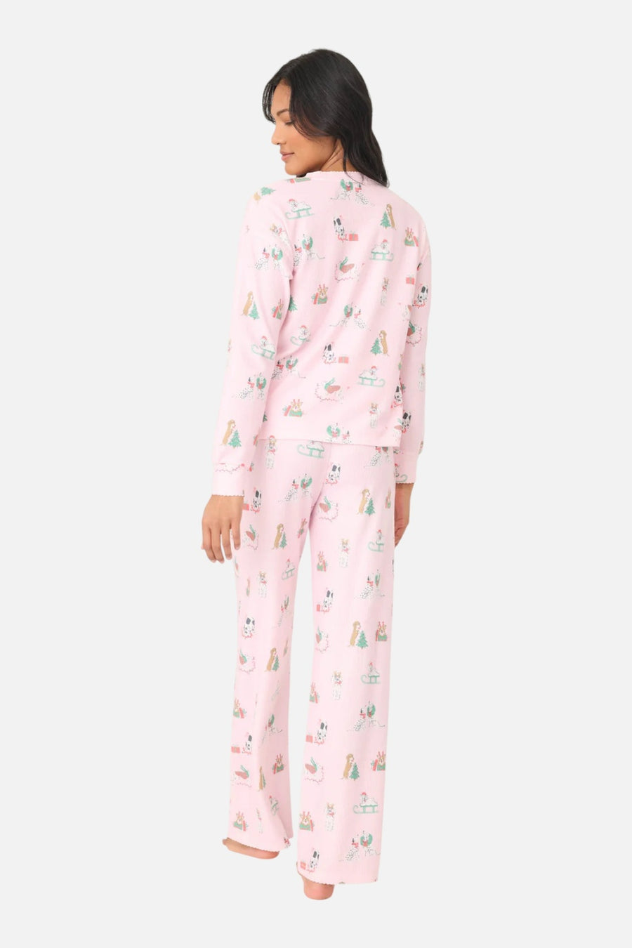 PJ Salvage Peace & Pawlidays Dog Print Pant in Pink – on model