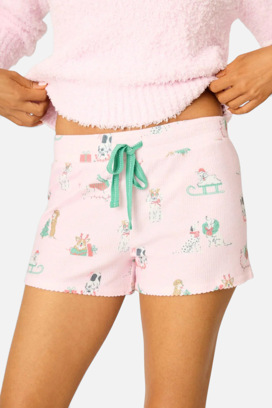 PJ Salvage Peace & Pawlidays Dog Print Shorts in Pink – back view
