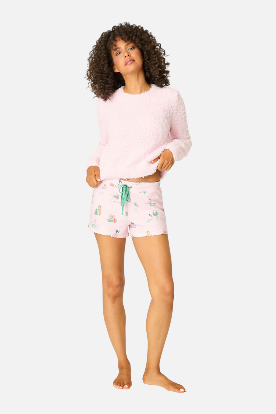 PJ Salvage Peace & Pawlidays Dog Print Shorts in Pink – front view
