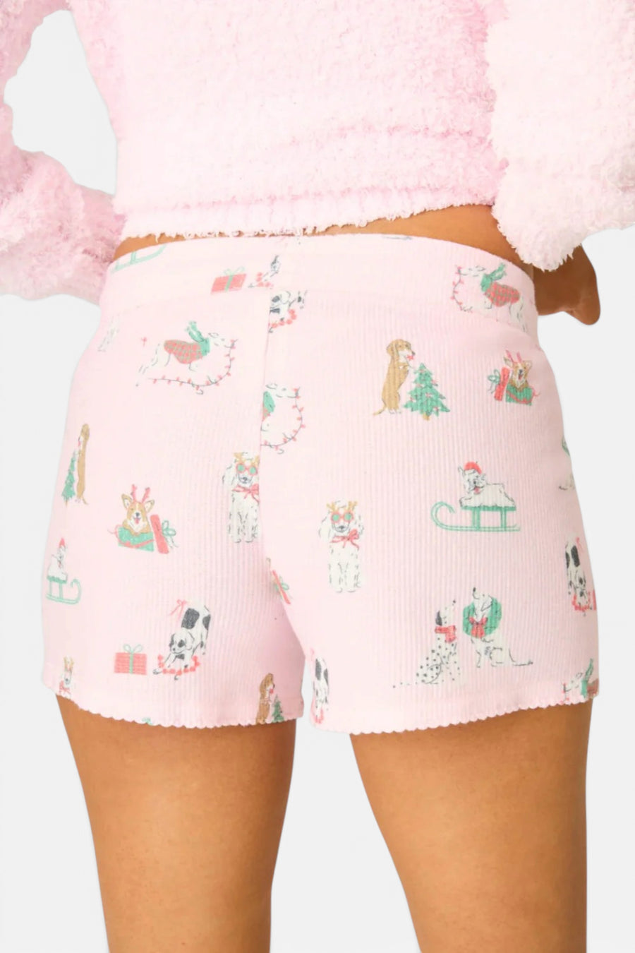 PJ Salvage Peace & Pawlidays Dog Print Shorts in Pink – side view