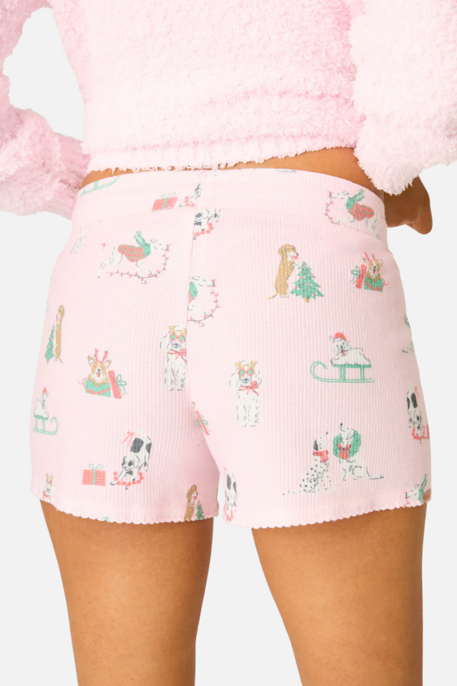 PJ Salvage Peace & Pawlidays Dog Print Shorts in Pink – side view