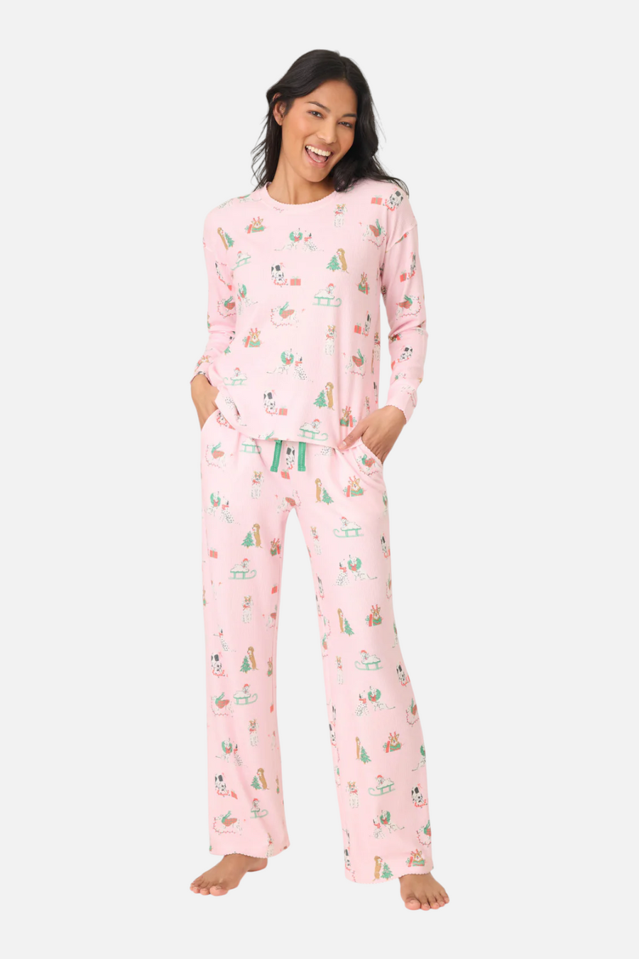 PJ Salvage Peace & Pawlidays Dog Print Top in Pink – front view
