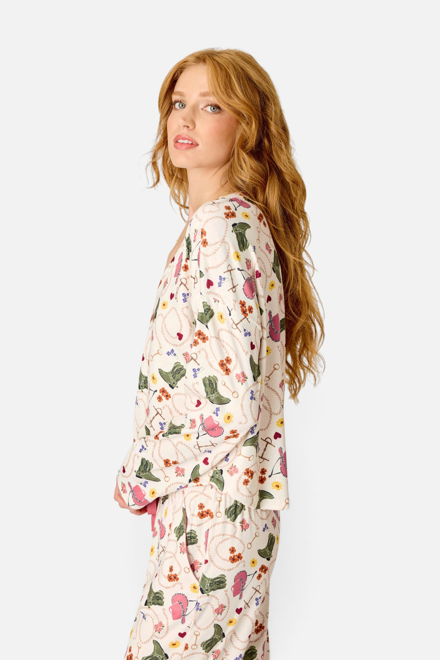 PJ Salvage Saddle Up Western Print Long Sleeve V-Neck Top in Nude – back view