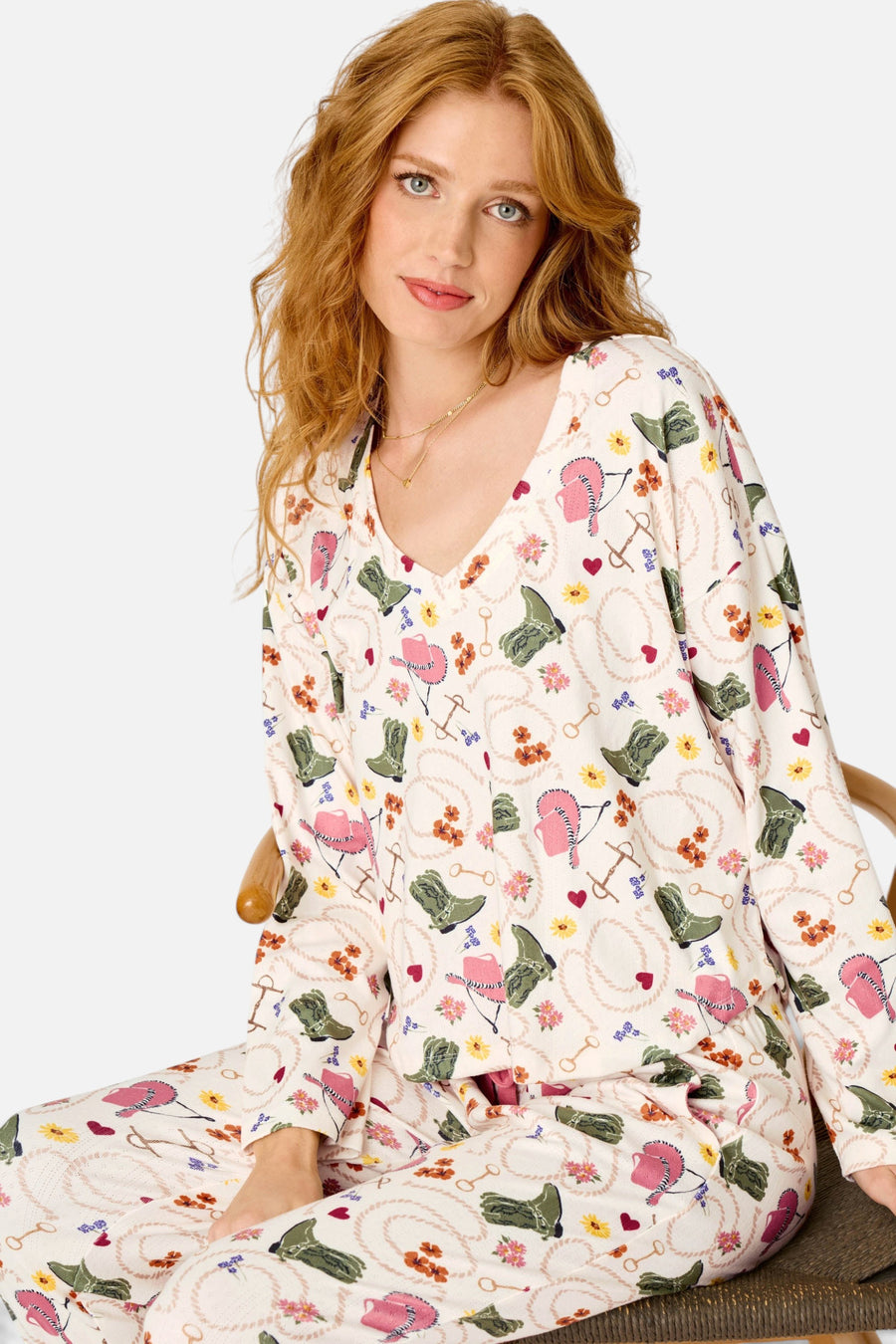 PJ Salvage Saddle Up Western Print Long Sleeve V-Neck Top in Nude – detail