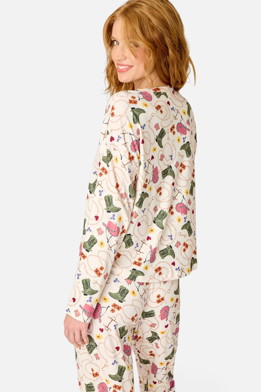 PJ Salvage Saddle Up Western Print Long Sleeve V-Neck Top in Nude – flat lay
