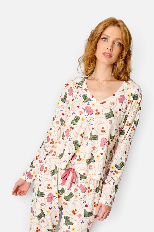 PJ Salvage Saddle Up Western Print Long Sleeve V-Neck Top in Nude