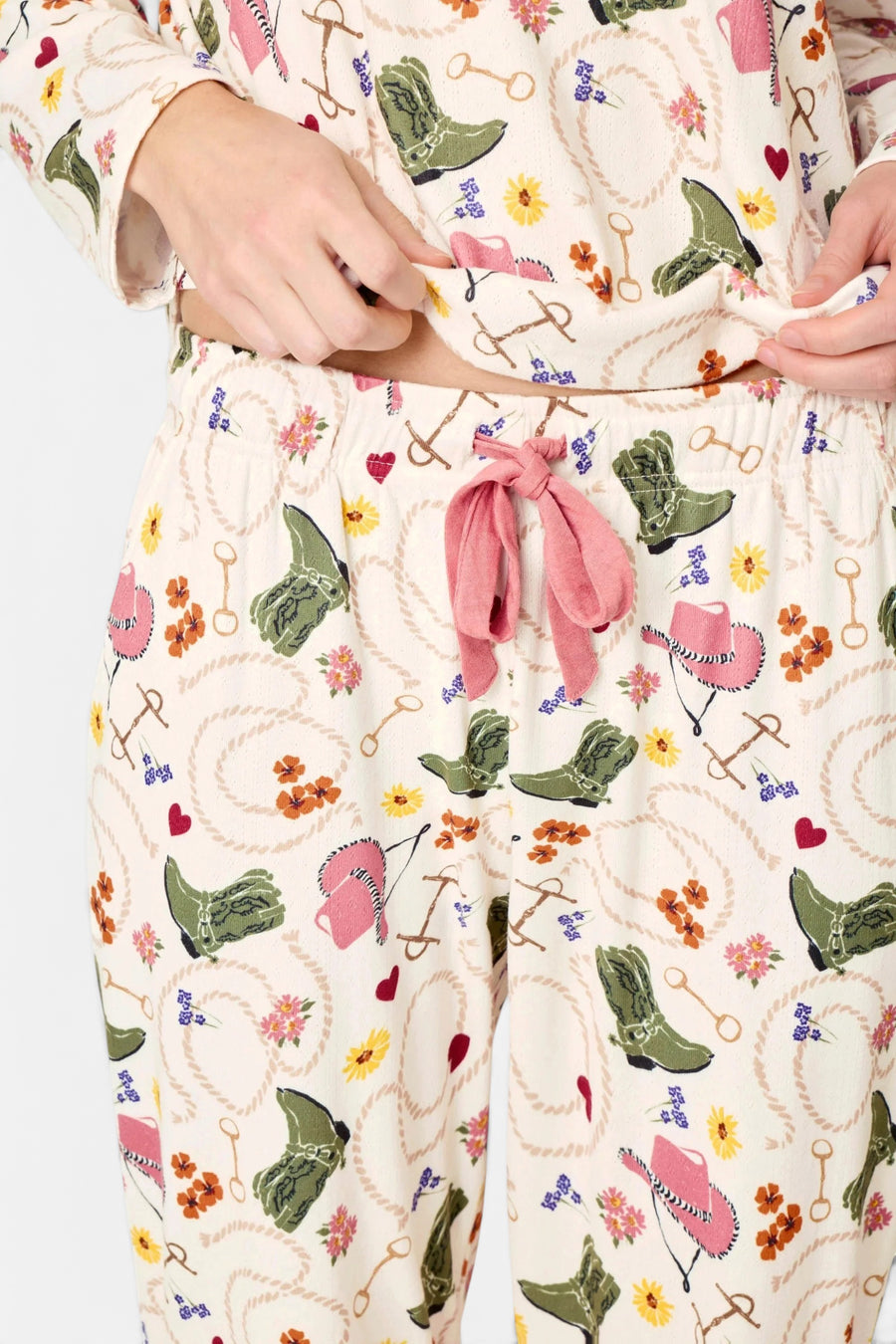 PJ Salvage Saddle Up Western Print Pajama Jogger Pants in Nude – detail