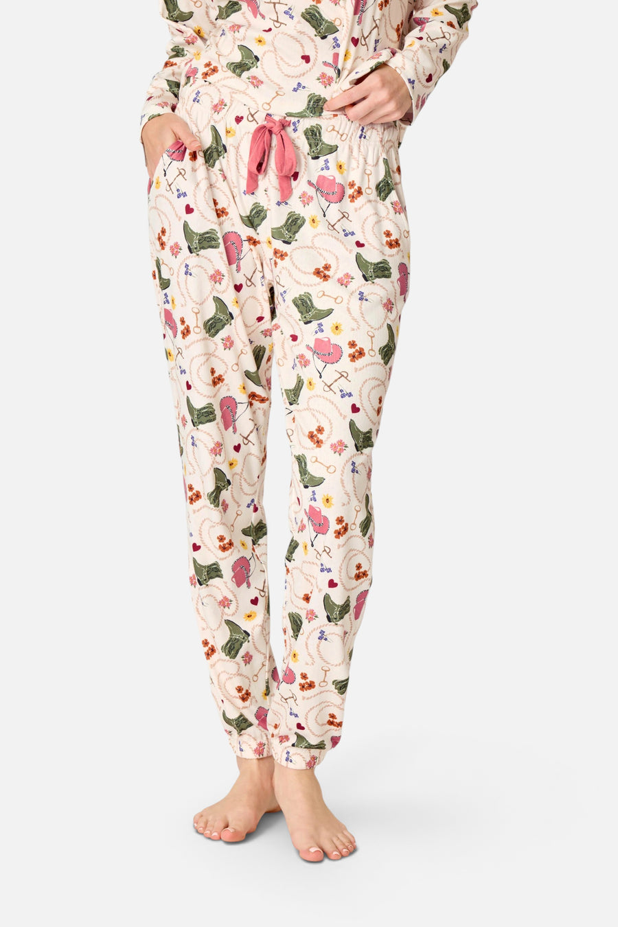 PJ Salvage Saddle Up Western Print Pajama Jogger Pants in Nude – front view