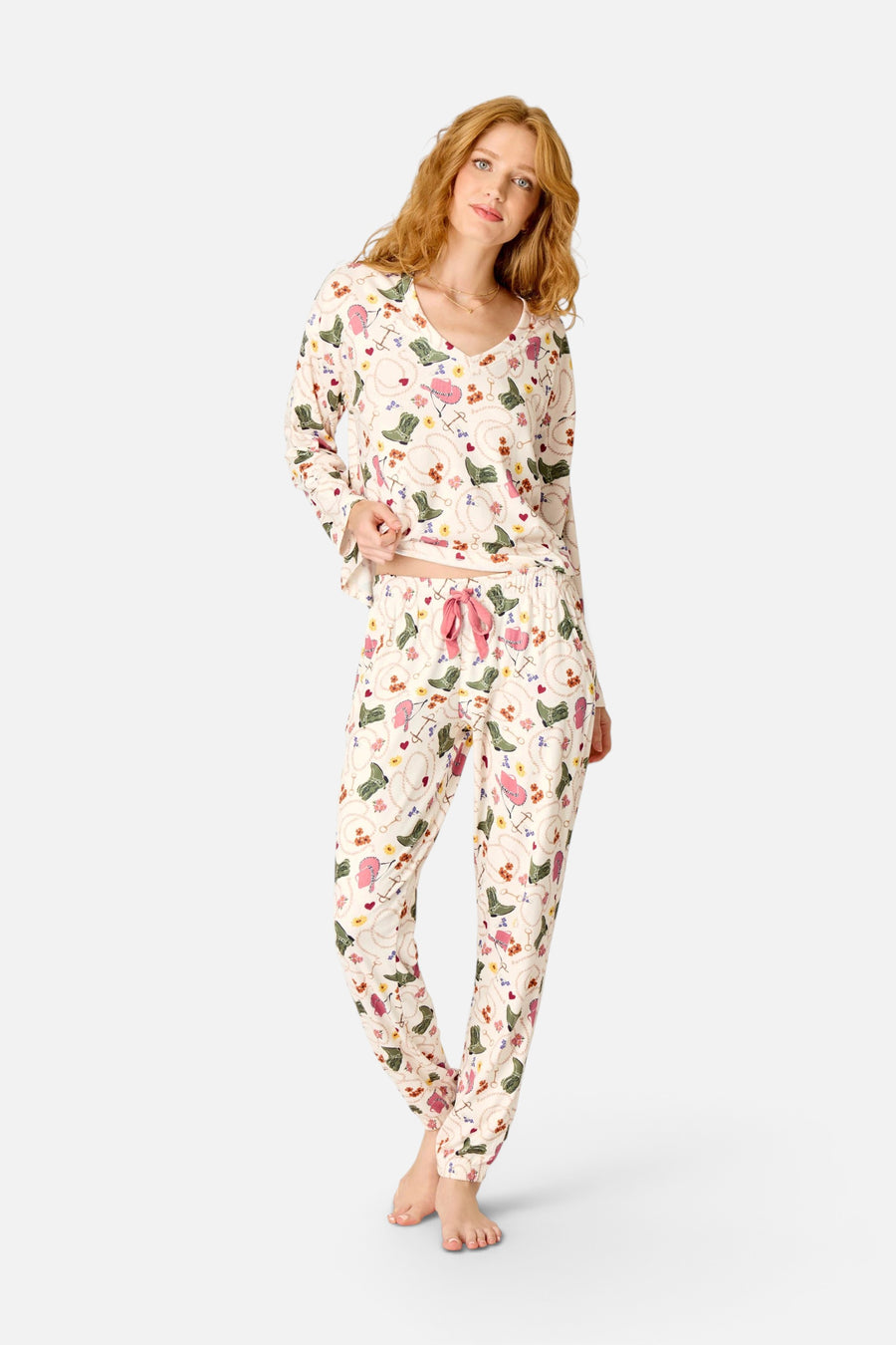 PJ Salvage Saddle Up Western Print Pajama Jogger Pants in Nude – side view