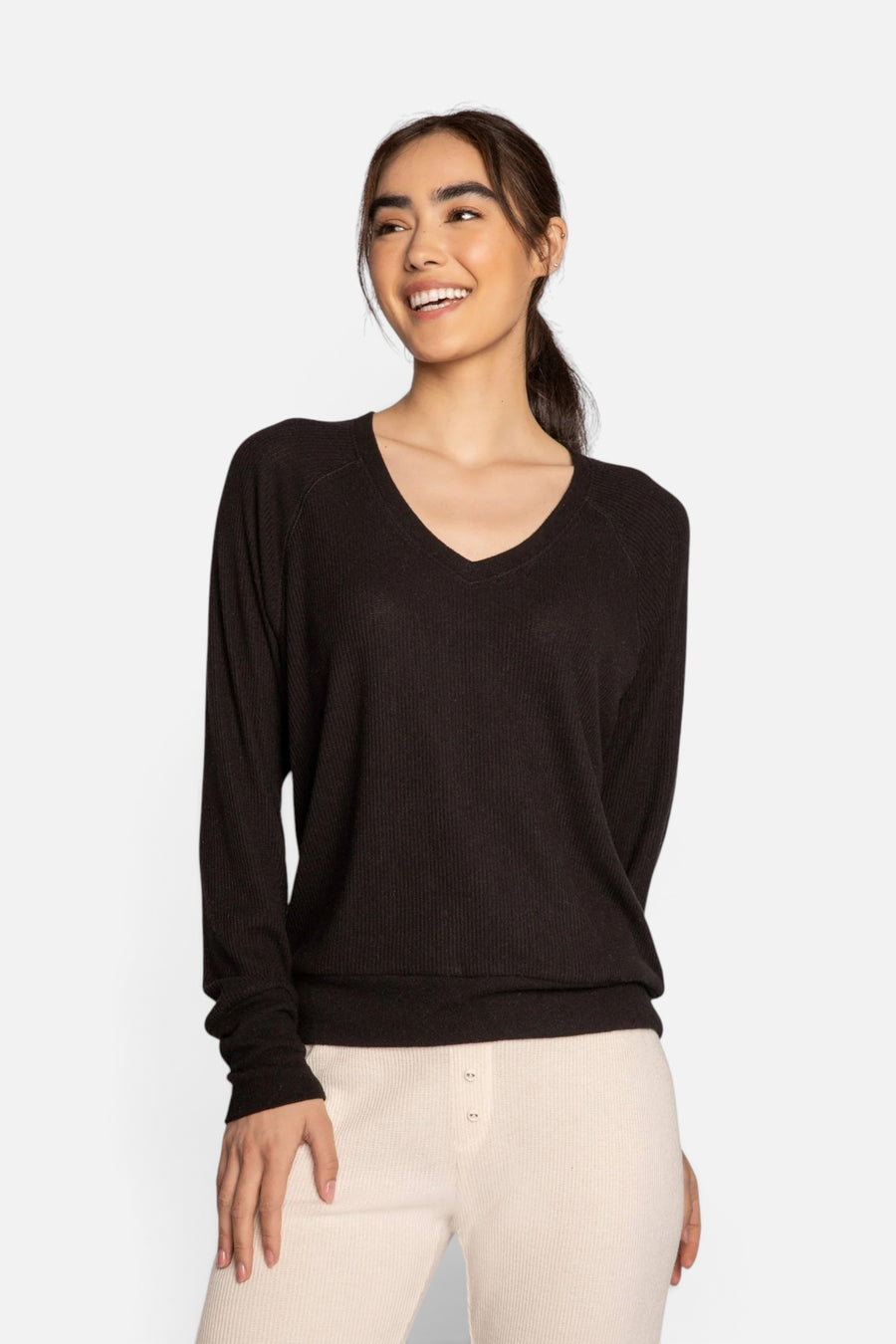 PJ Salvage Textured Essentials Long Sleeve Top in Black – front view