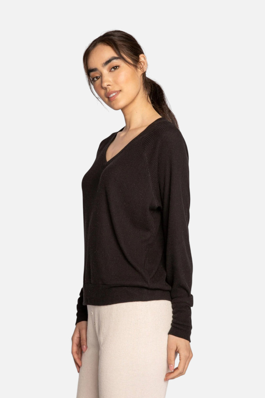 PJ Salvage Textured Essentials Long Sleeve Top in Black – side view