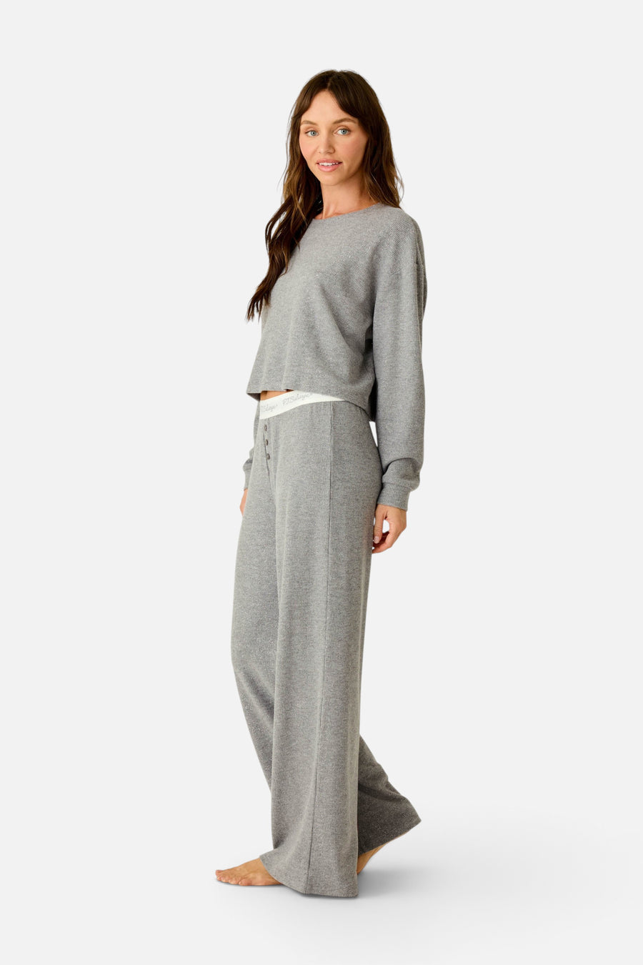 PJ Salvage Women's Boyfriend Boxer Dark Grey Sparkle Long Sleeve PJ Set – on model