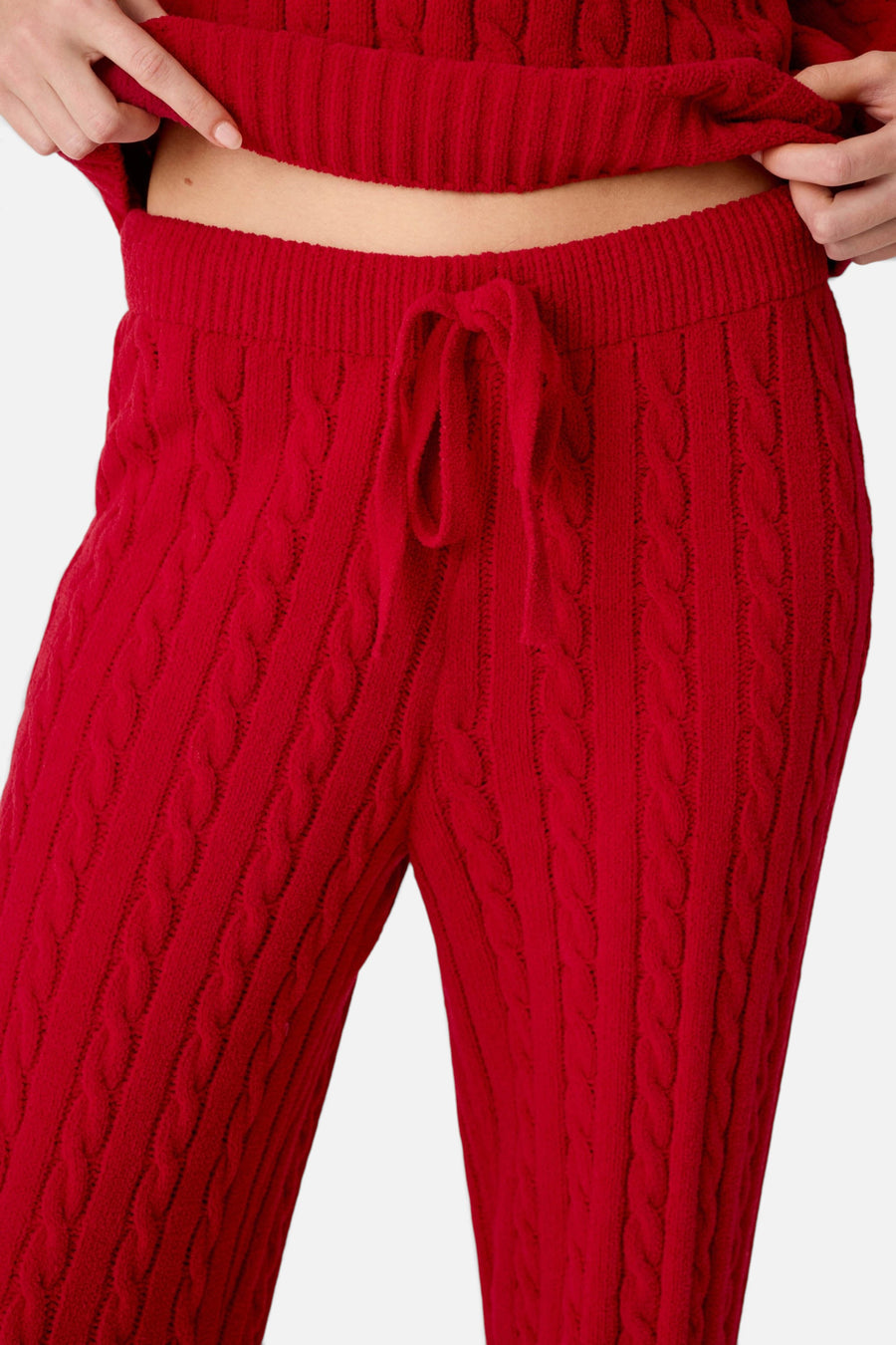 PJ Salvage Women's Cozy Chenille Cable Knit Lounge Pants in Jester Red – detail