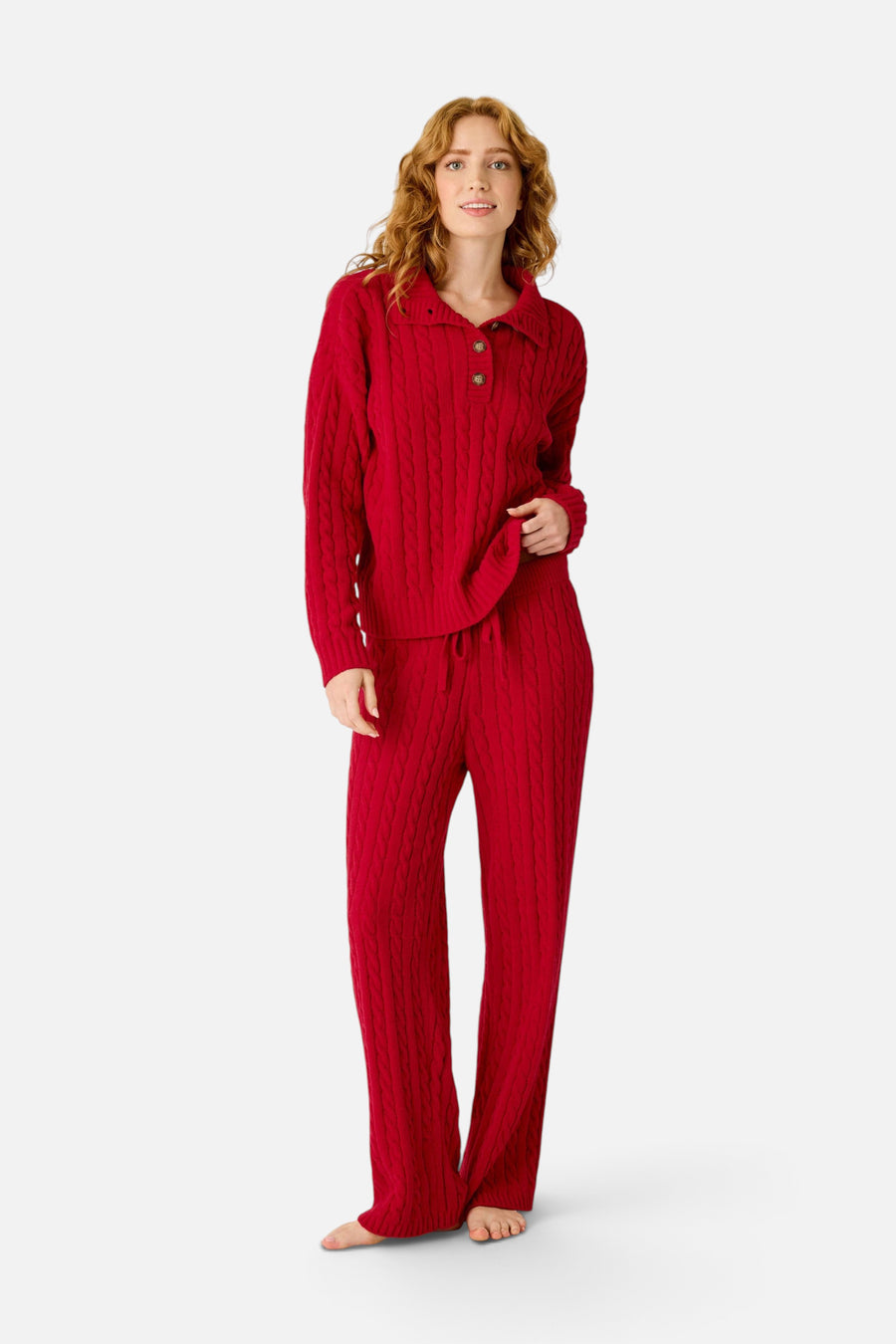 PJ Salvage Women's Cozy Chenille Cable Knit Lounge Pants in Jester Red – on model