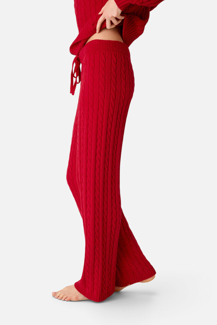 PJ Salvage Women's Cozy Chenille Cable Knit Lounge Pants in Jester Red – side view