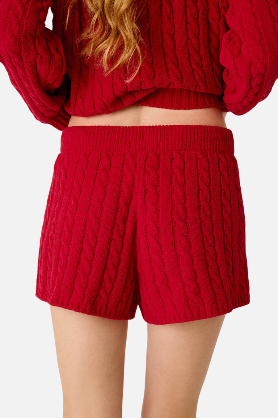 PJ Salvage Women's Cozy Chenille Cable Knit Lounge Shorts in Jester Red – back view