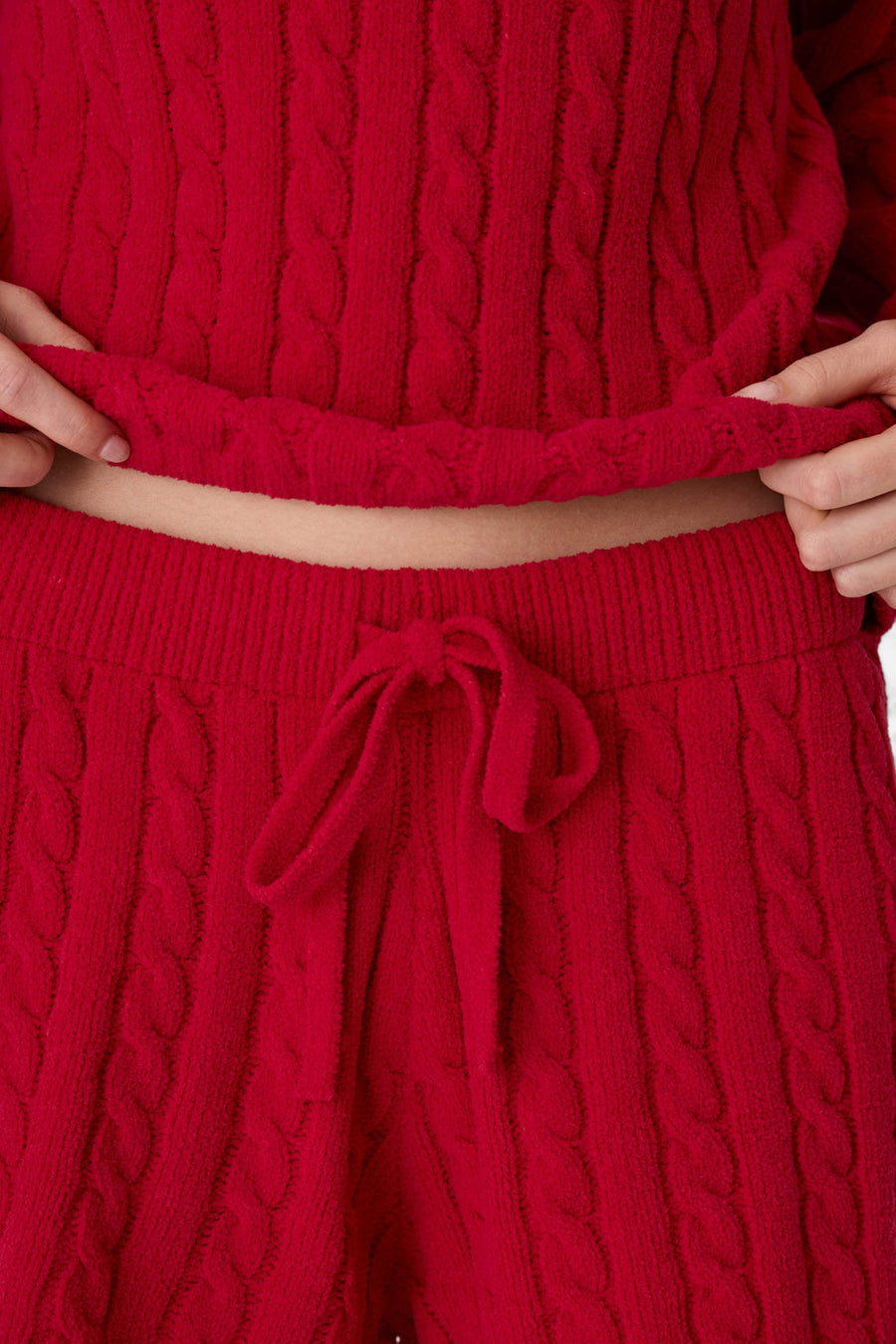 PJ Salvage Women's Cozy Chenille Cable Knit Lounge Shorts in Jester Red – detail