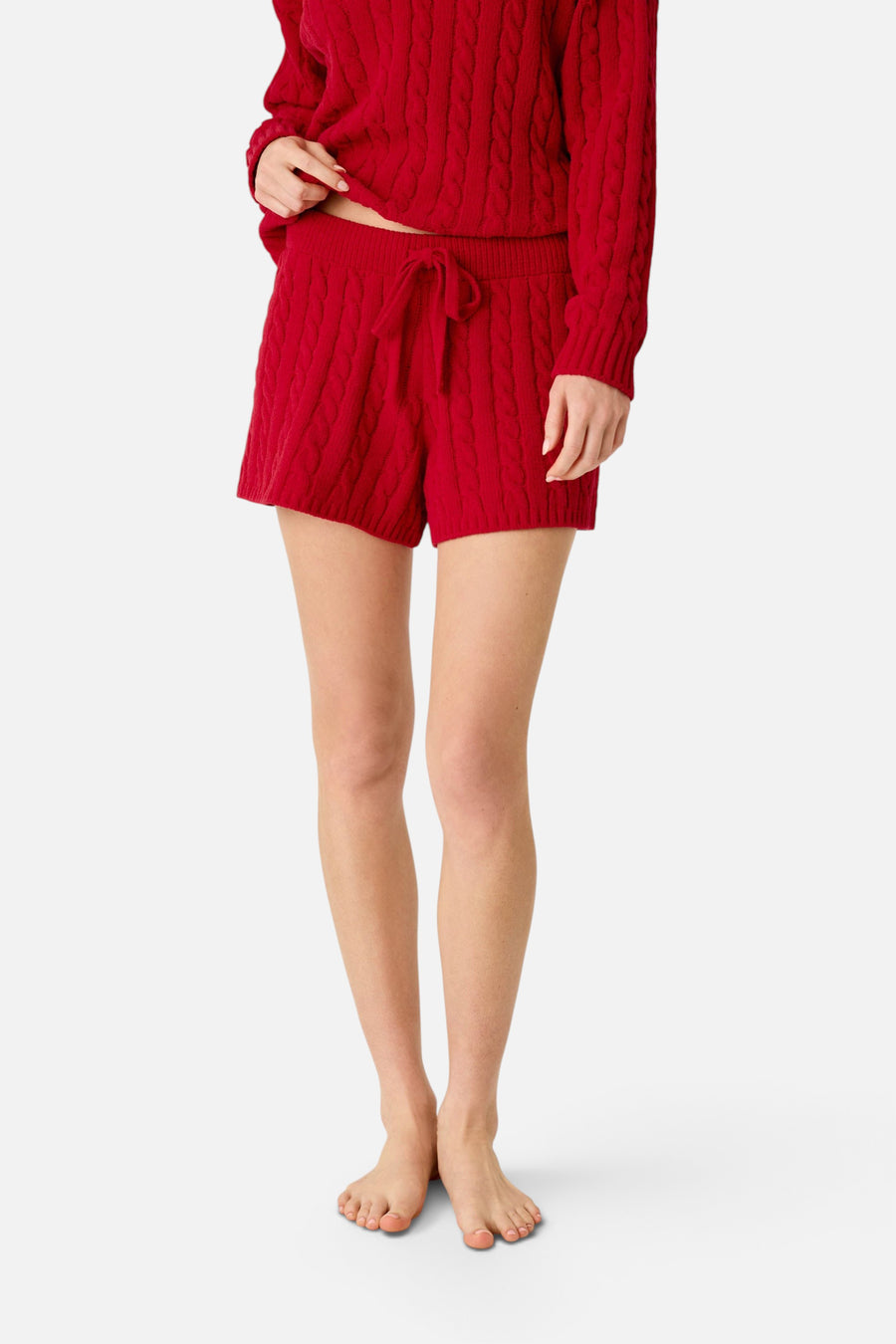 PJ Salvage Women's Cozy Chenille Cable Knit Lounge Shorts in Jester Red – front view