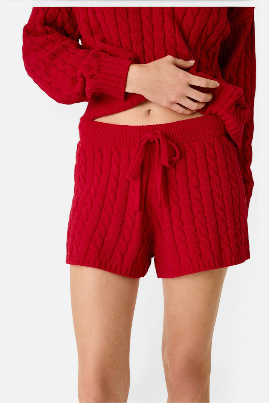 PJ Salvage Women's Cozy Chenille Cable Knit Lounge Shorts in Jester Red – on model