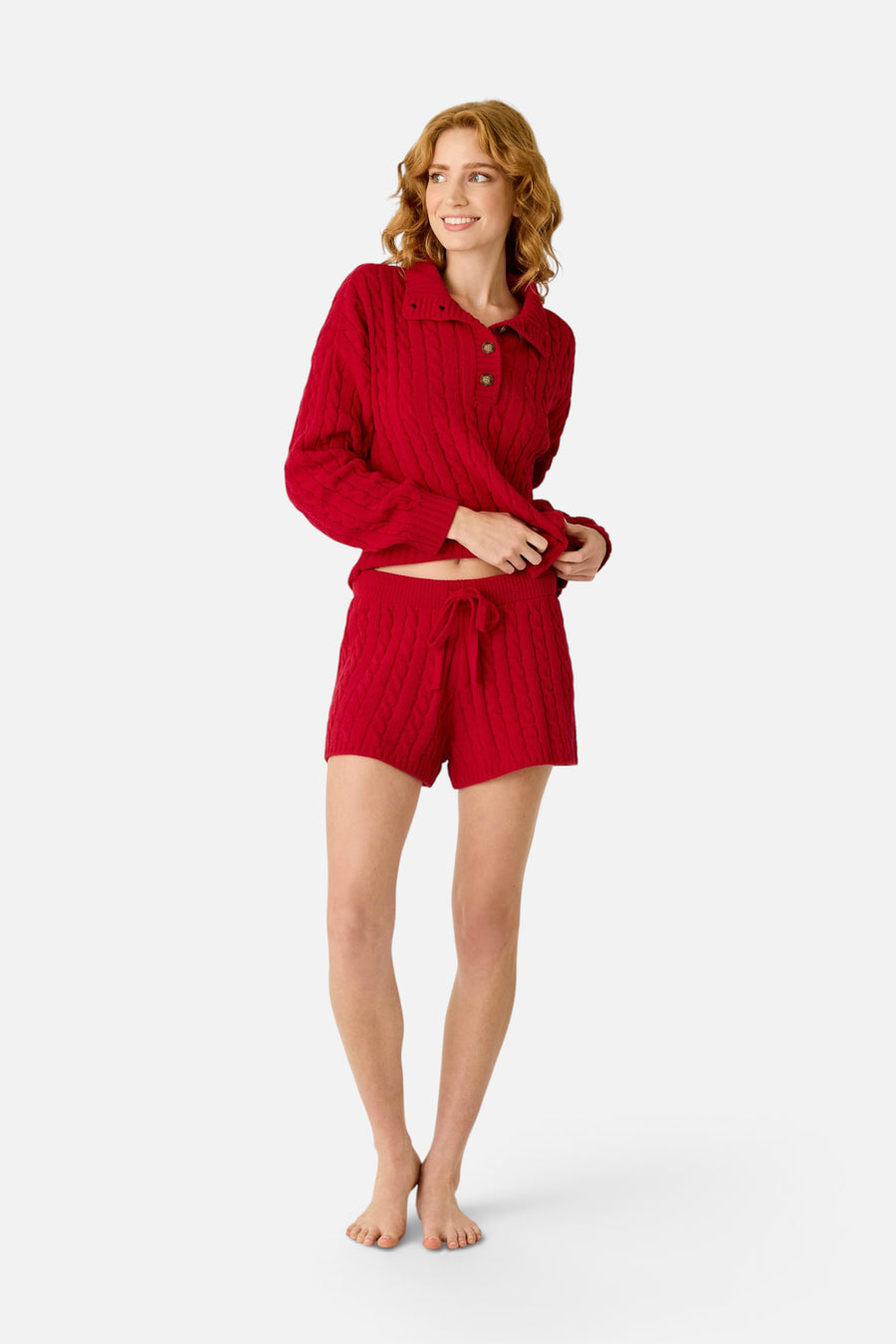 PJ Salvage Women's Cozy Chenille Cable Knit Lounge Shorts in Jester Red – on model