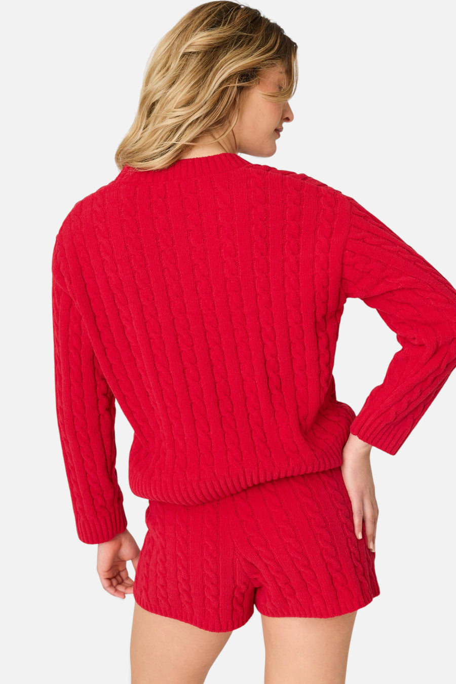 PJ Salvage Women's Cozy Chenille Cable Knit V-Neck Sweater in Jester Red – back view