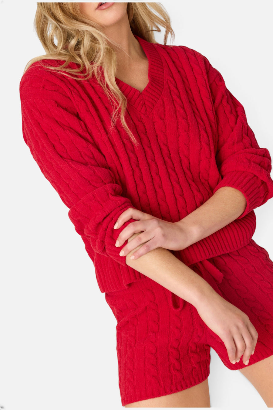 PJ Salvage Women's Cozy Chenille Cable Knit V-Neck Sweater in Jester Red – detail