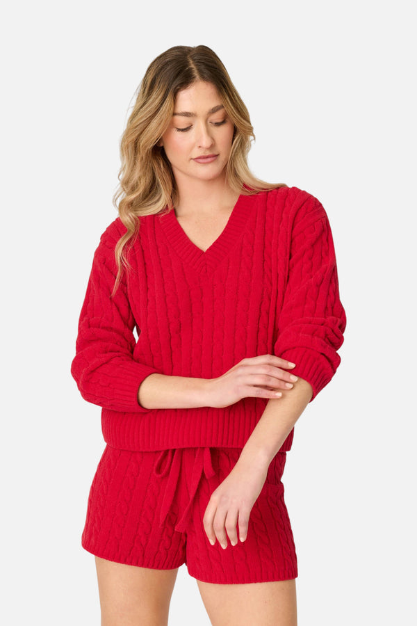 PJ Salvage Women's Cozy Chenille Cable Knit V-Neck Sweater in Jester Red