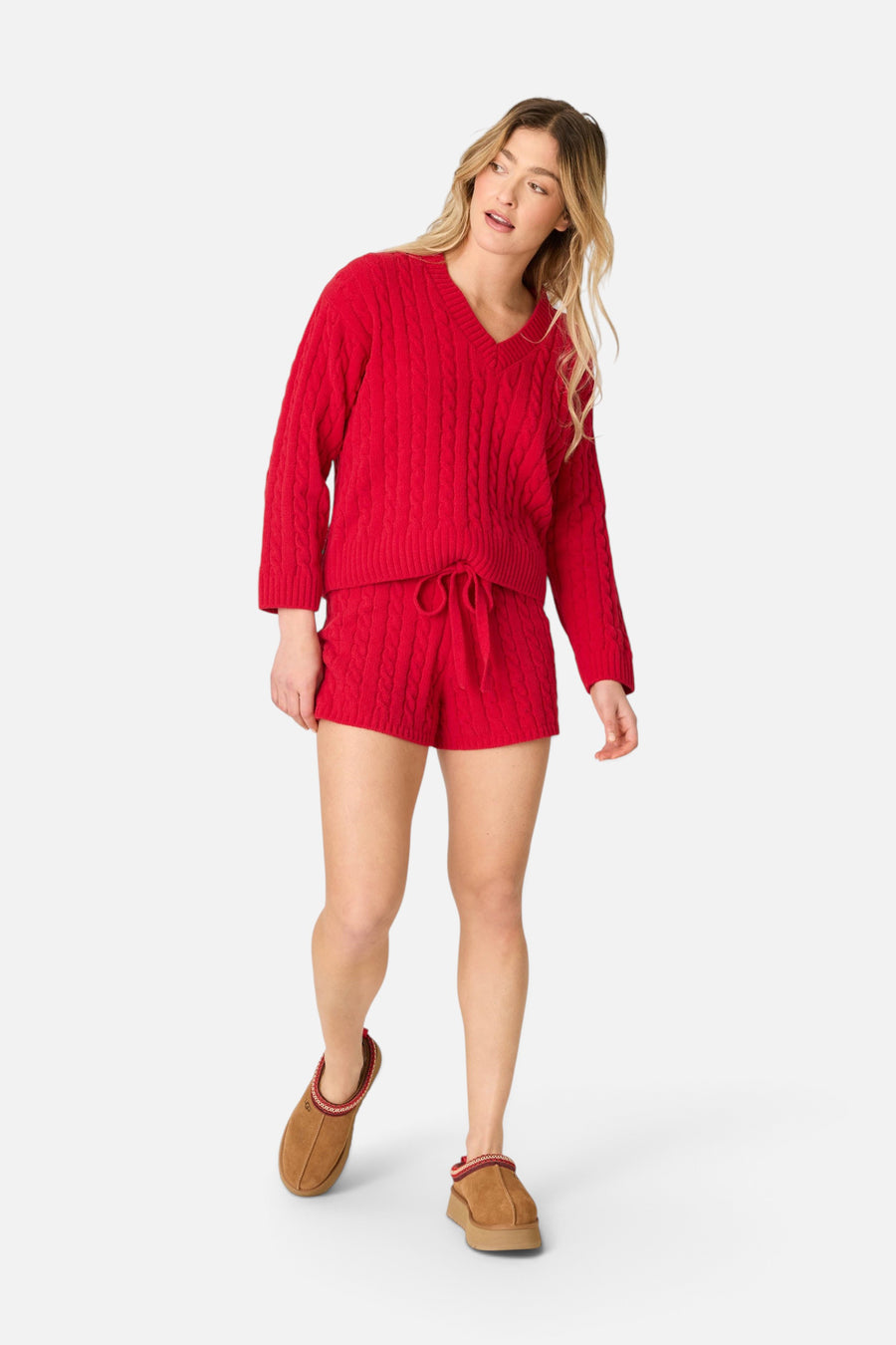 PJ Salvage Women's Cozy Chenille Cable Knit V-Neck Sweater in Jester Red – on model