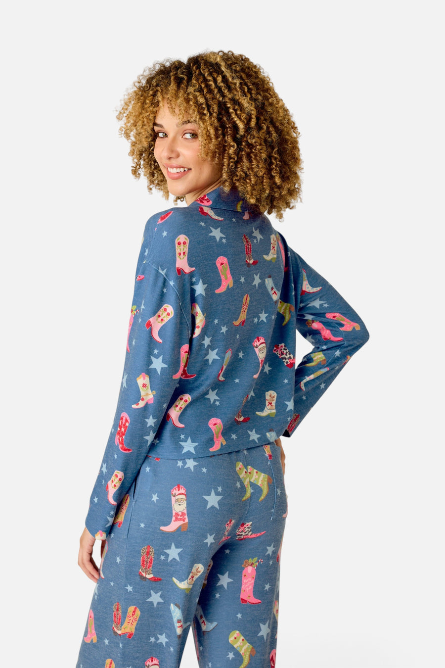 PJ Salvage Women's Howdy Holidays Cowboy Boots & Star Print Button Front Top in Steel Blue – back view