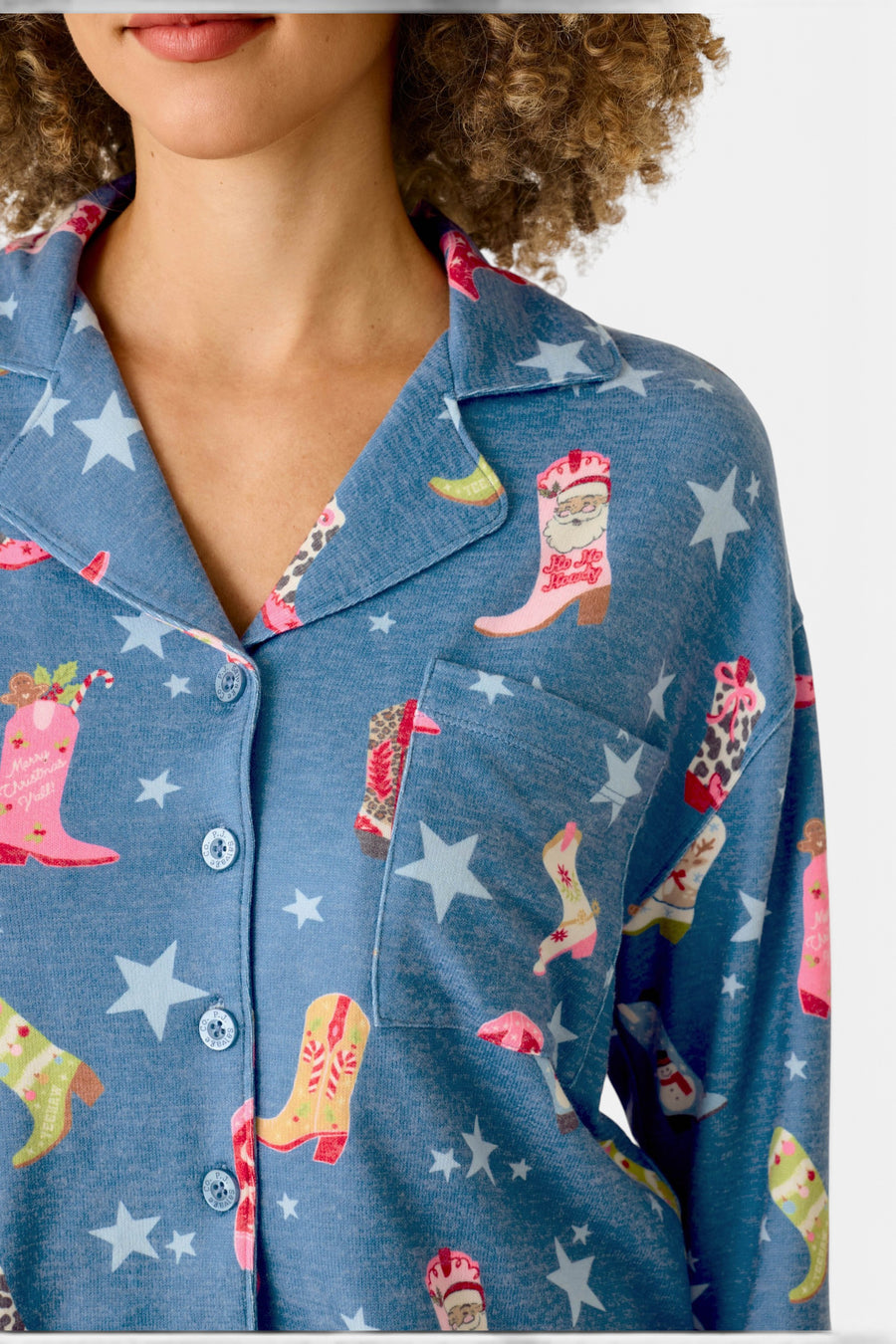 PJ Salvage Women's Howdy Holidays Cowboy Boots & Star Print Button Front Top in Steel Blue – detail