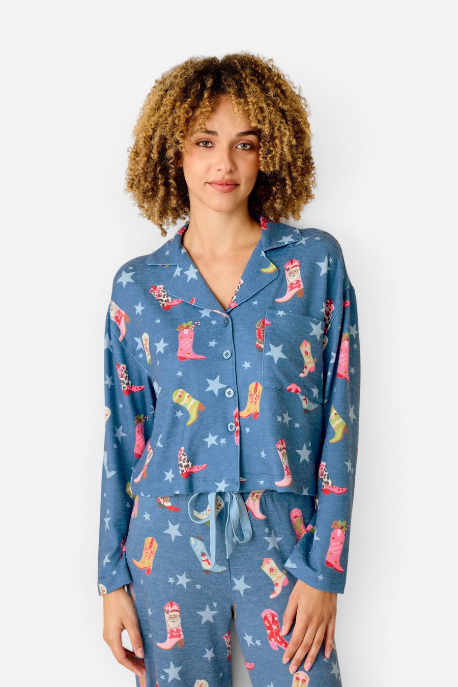 PJ Salvage Women's Howdy Holidays Cowboy Boots & Star Print Button Front Top in Steel Blue – front view