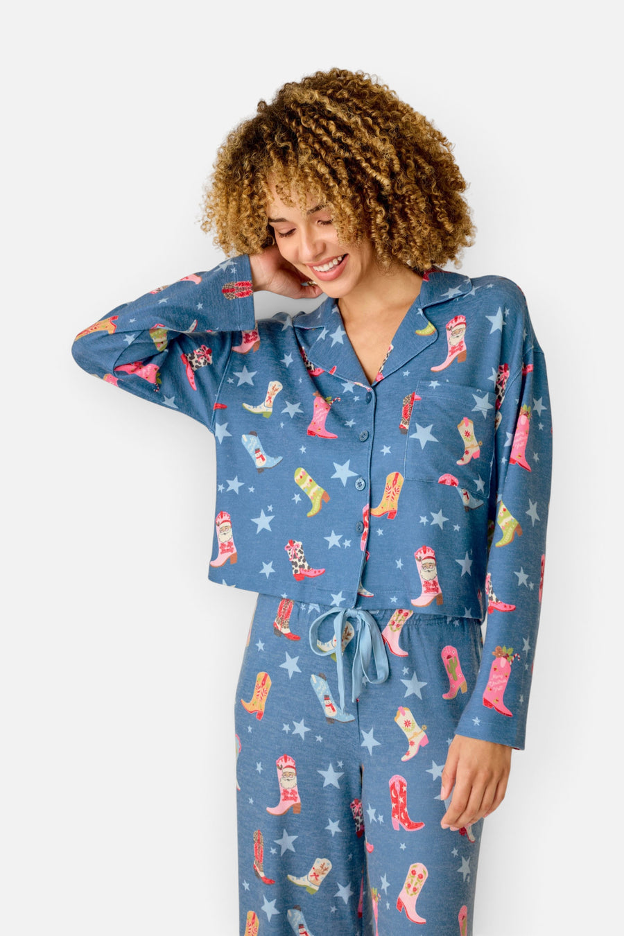 PJ Salvage Women's Howdy Holidays Cowboy Boots & Star Print Button Front Top in Steel Blue – on model