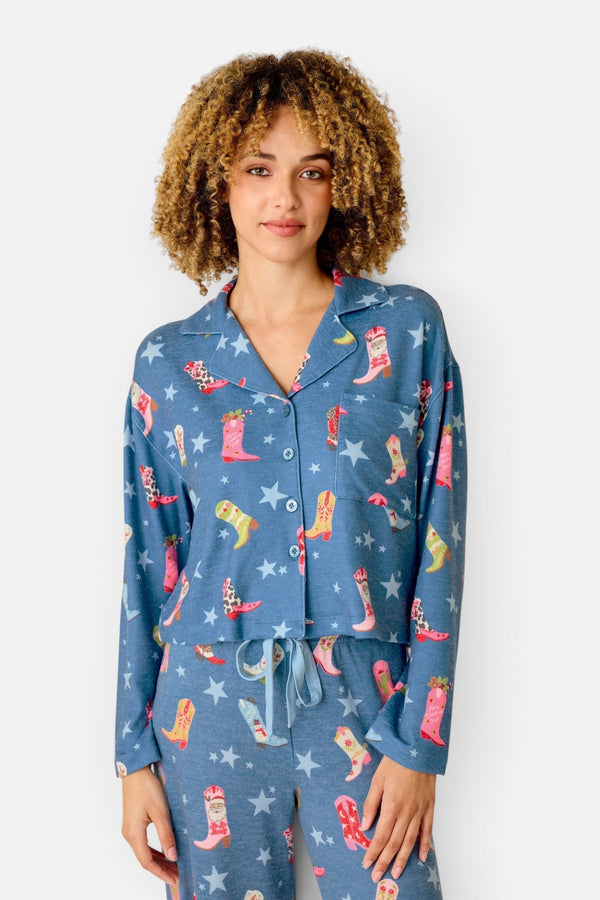 PJ Salvage Women's Howdy Holidays Cowboy Boots & Star Print Button Front Top in Steel Blue