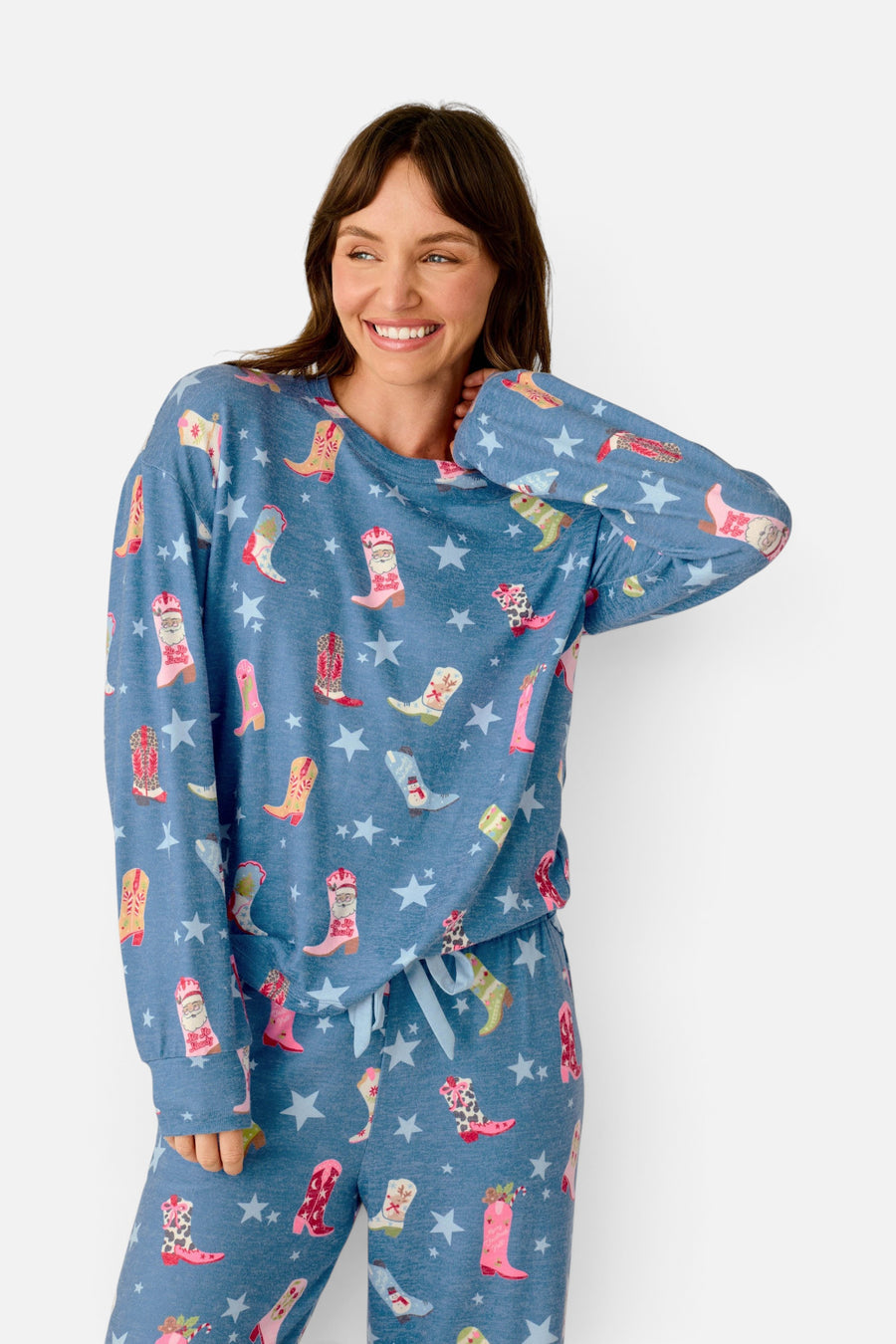 PJ Salvage Women's Howdy Holidays Cowboy Boots & Star Print Long Sleeve Top in Steel Blue – front view