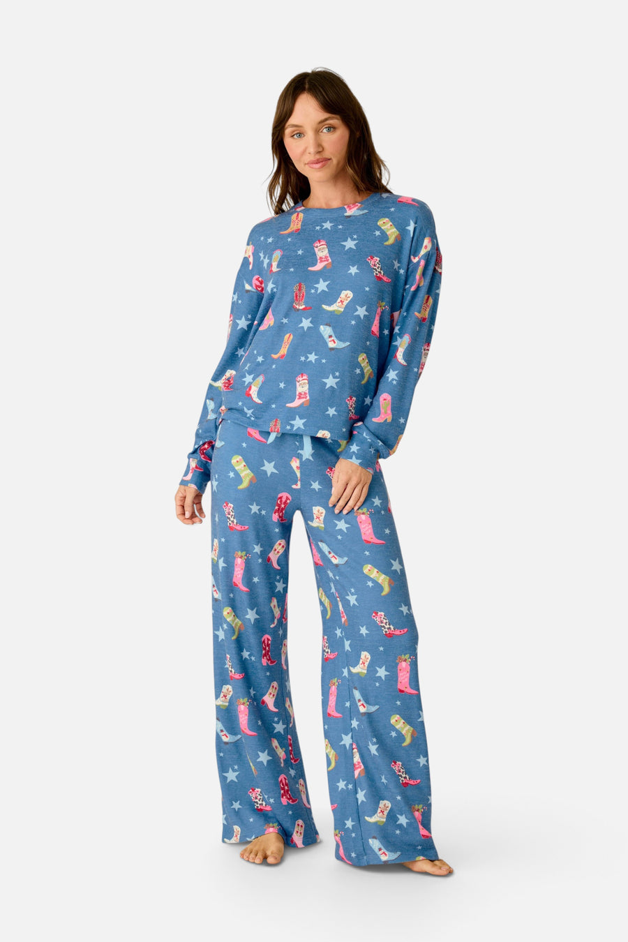 PJ Salvage Women's Howdy Holidays Cowboy Boots & Star Print Long Sleeve Top in Steel Blue – on model