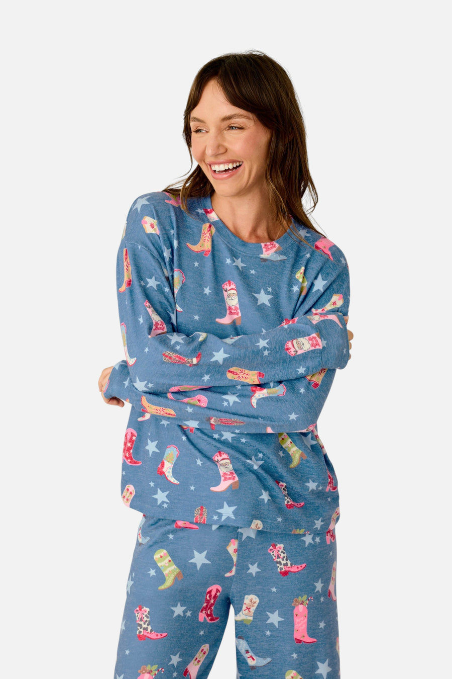 PJ Salvage Women's Howdy Holidays Cowboy Boots & Star Print Long Sleeve Top in Steel Blue – on model