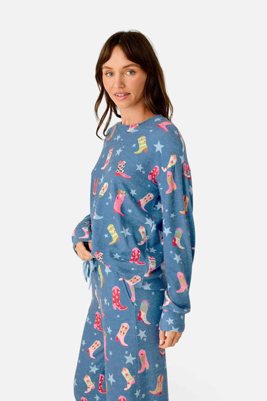 PJ Salvage Women's Howdy Holidays Cowboy Boots & Star Print Long Sleeve Top in Steel Blue – on model