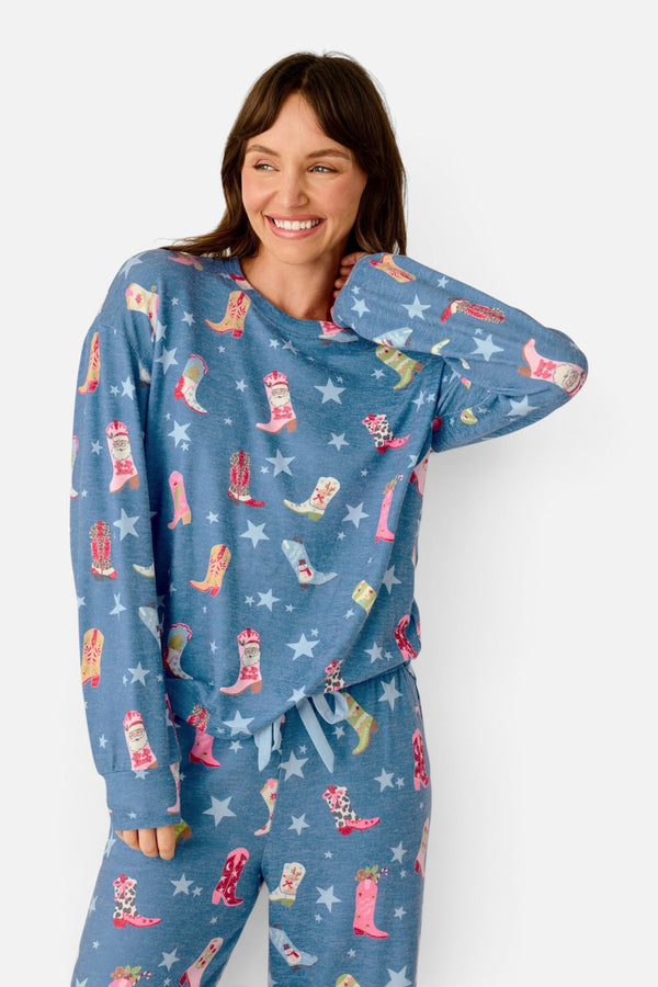 PJ Salvage Women's Howdy Holidays Cowboy Boots & Star Print Long Sleeve Top in Steel Blue