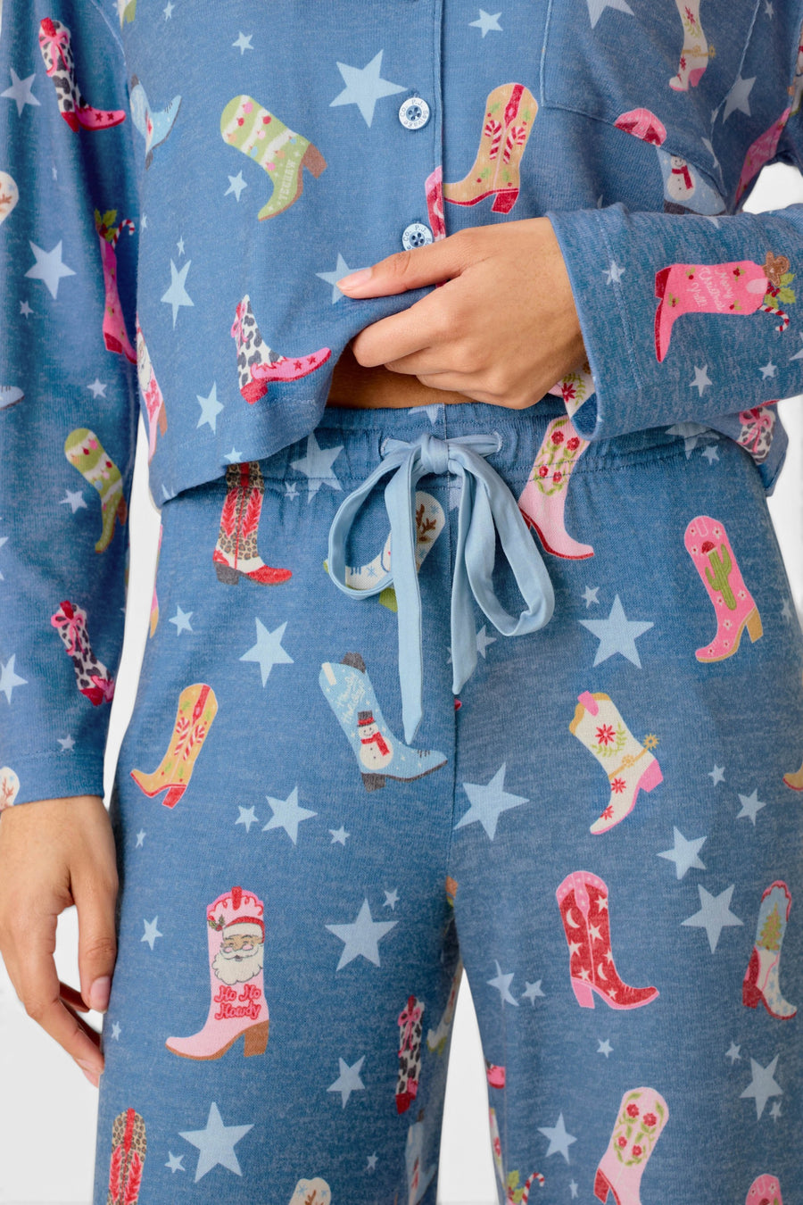 PJ Salvage Women's Howdy Holidays Cowboy Boots & Star Print Pajama Pants in Steel Blue – detail
