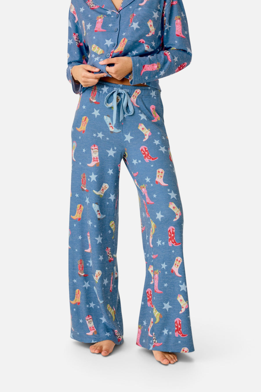 PJ Salvage Women's Howdy Holidays Cowboy Boots & Star Print Pajama Pants in Steel Blue – front view