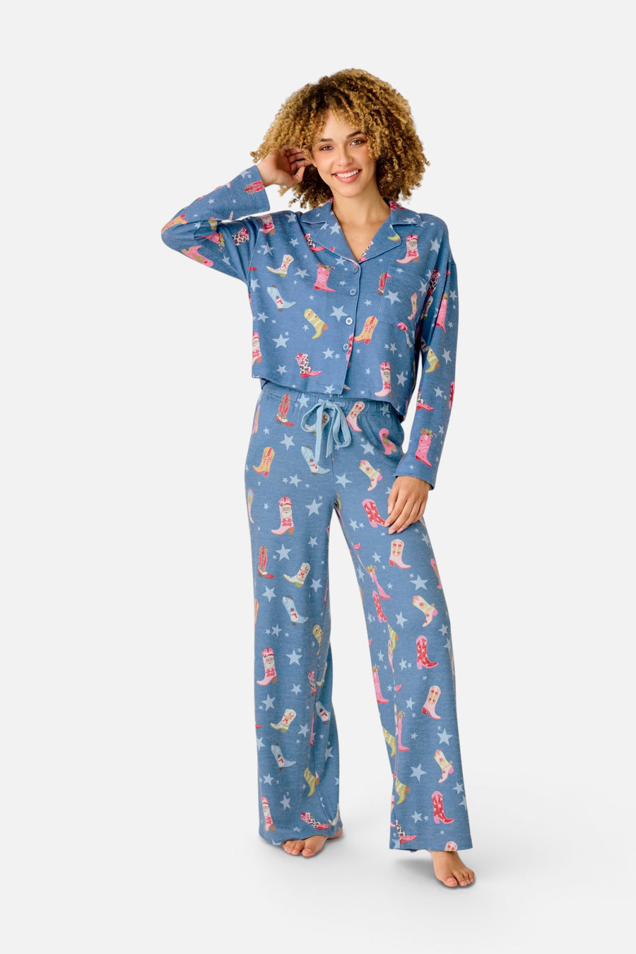 PJ Salvage Women's Howdy Holidays Cowboy Boots & Star Print Pajama Pants in Steel Blue – on model