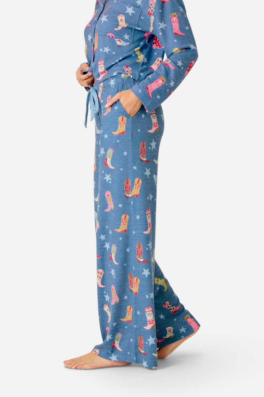 PJ Salvage Women's Howdy Holidays Cowboy Boots & Star Print Pajama Pants in Steel Blue – on model