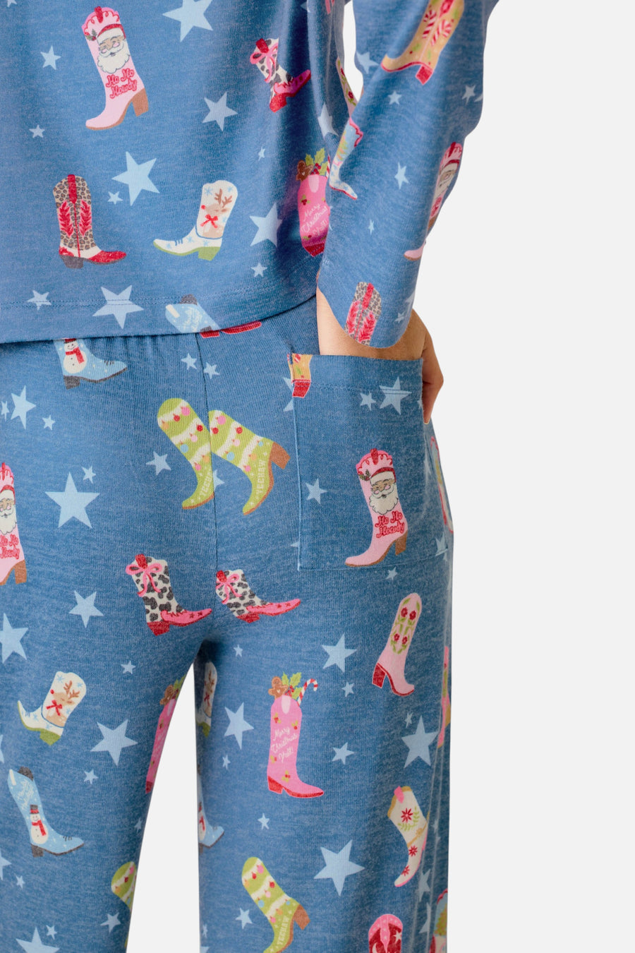PJ Salvage Women's Howdy Holidays Cowboy Boots & Star Print Pajama Pants in Steel Blue – on model