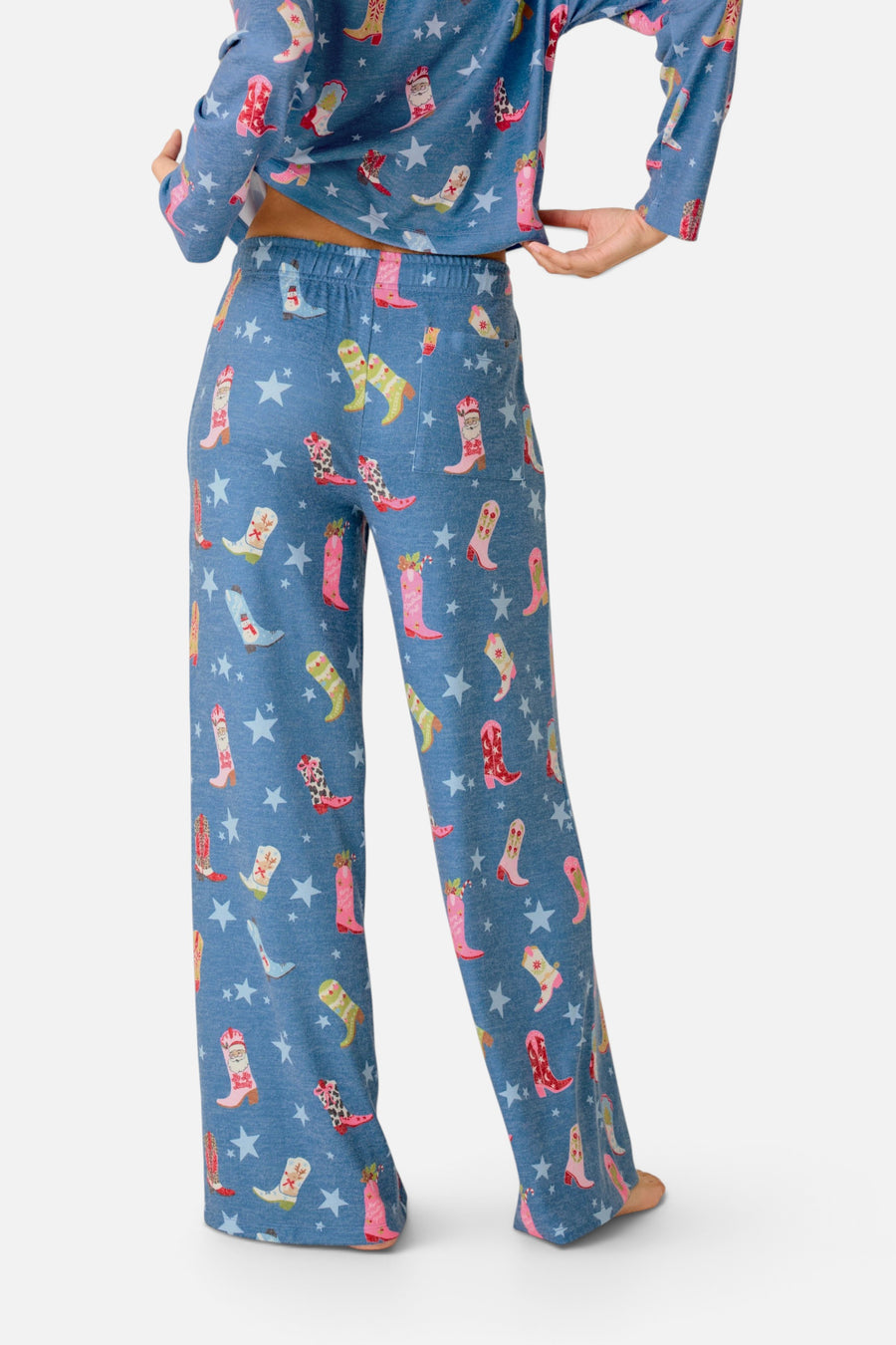 PJ Salvage Women's Howdy Holidays Cowboy Boots & Star Print Pajama Pants in Steel Blue – on model