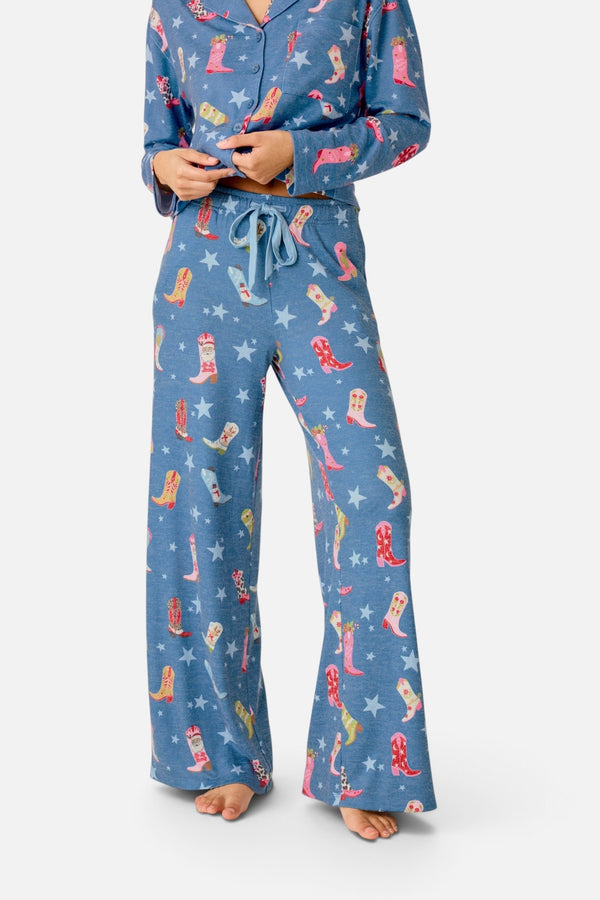 PJ Salvage Women's Howdy Holidays Cowboy Boots & Star Print Pajama Pants in Steel Blue